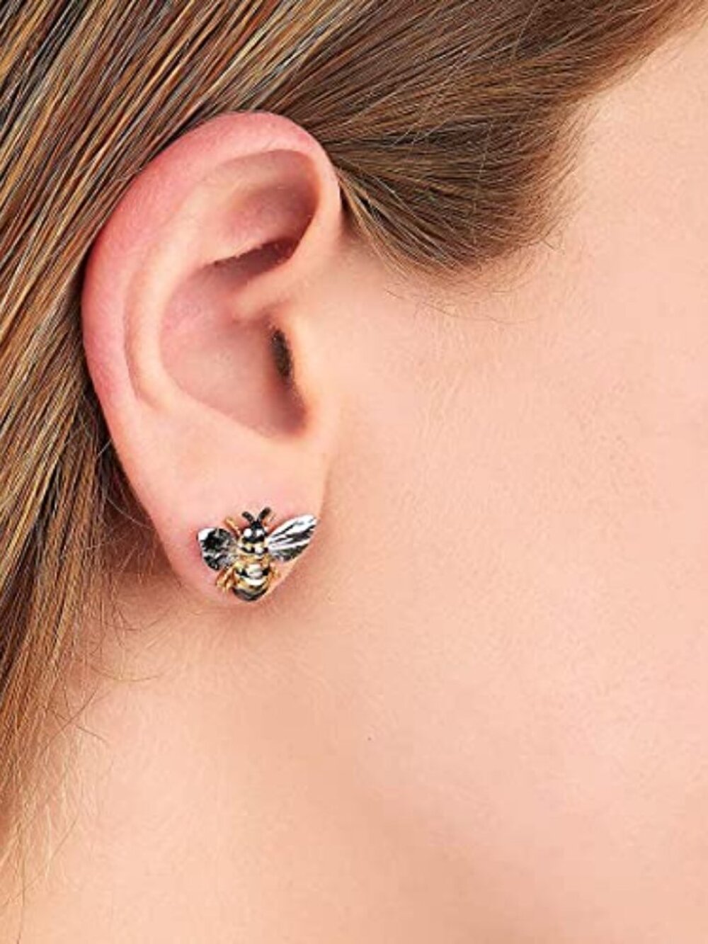 New - 18K Gold Plated Shimmering 2-tone Enamel Bumble Bee Stud Earrings 0.5in